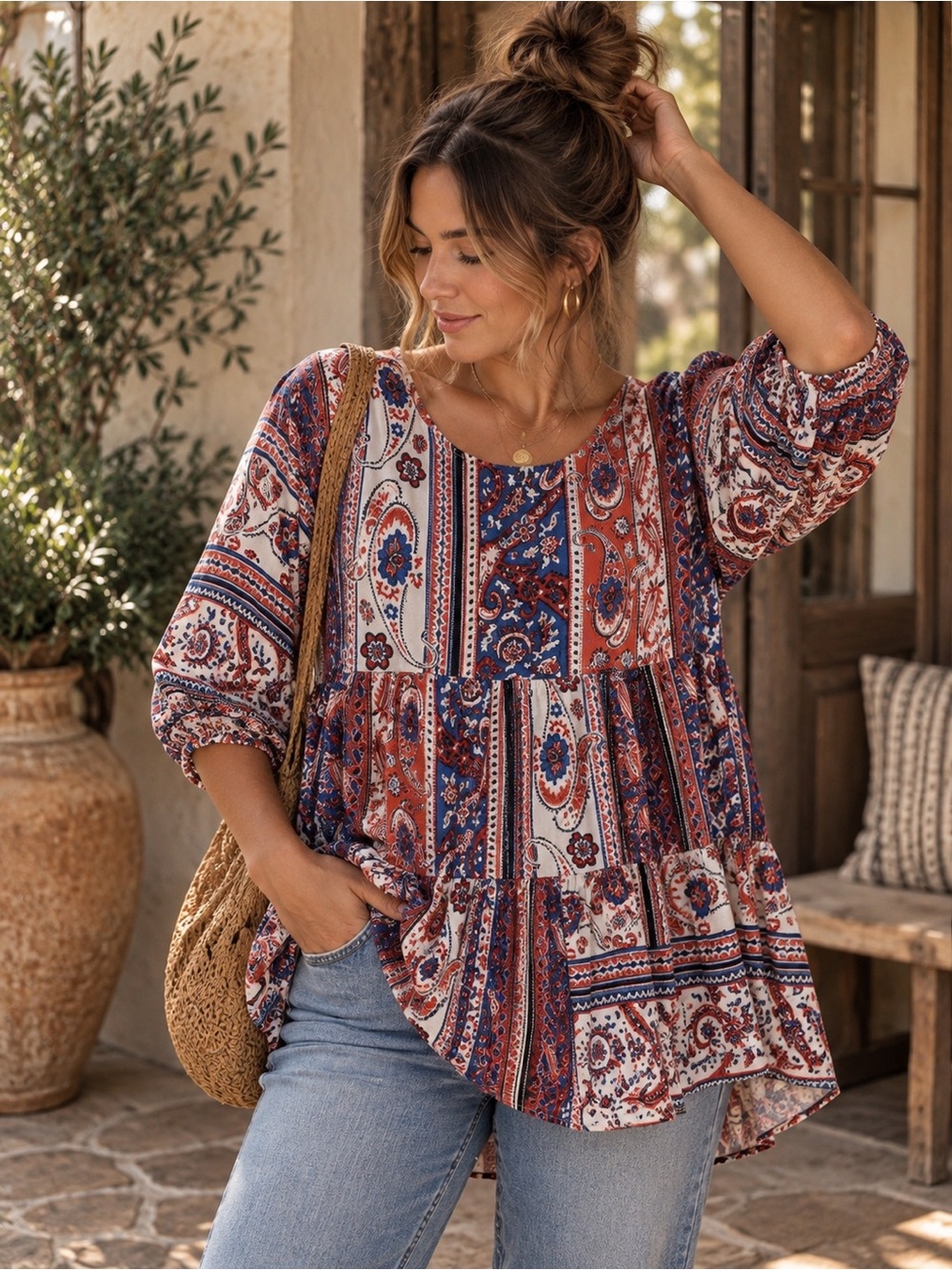 Umgee Paisley Babydoll Tunic Top Small Boho Peasant Tiered Red Blue